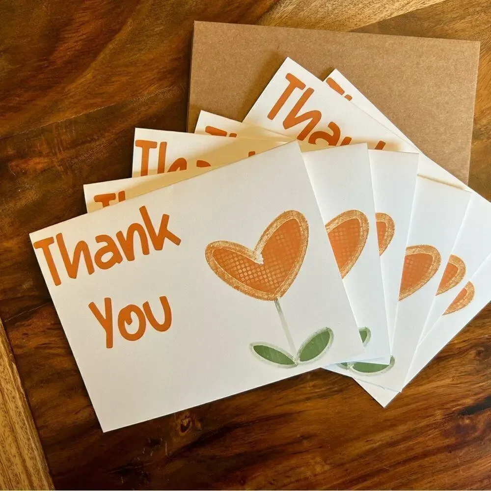 Greeting Cards Thank You Notes Thank You Cards Set of 6 Custom Orange Heart Note